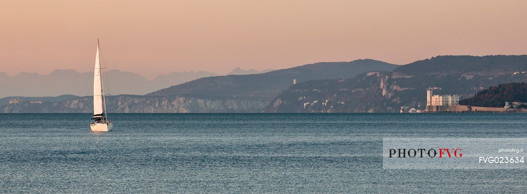 Miramare castle, in the backgrund the Julian Alps, Trieste, Italy