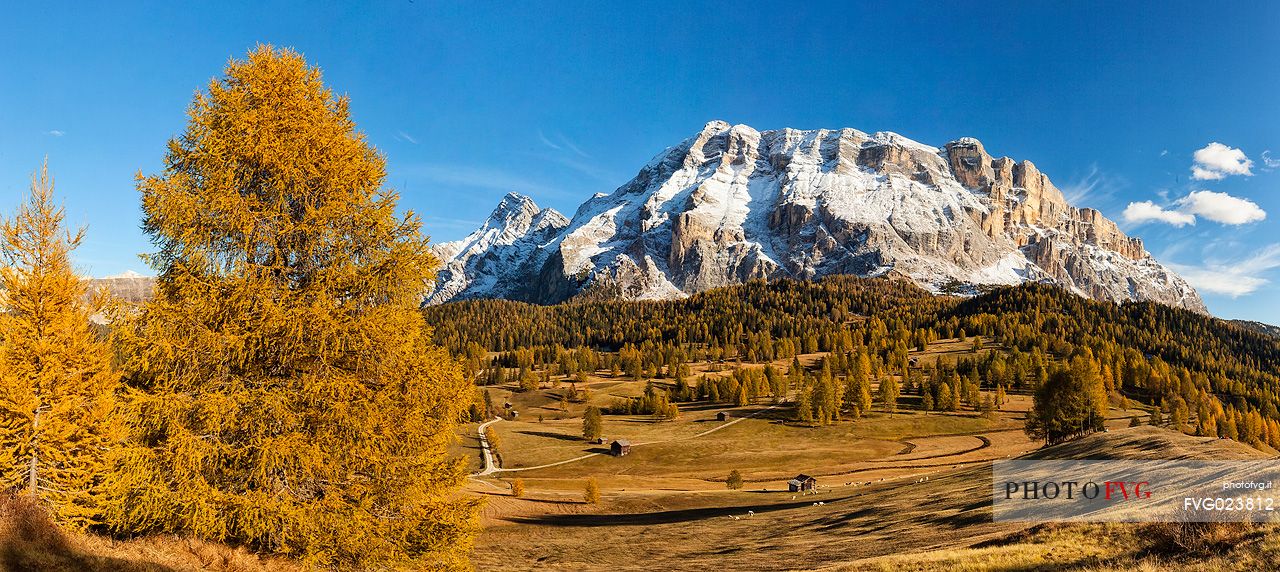 Prati dell'Armentara alpine meadows with barns in autumn, Sasso della Croce mountain group in background, South Tyrol, Dolomites, Italy
 