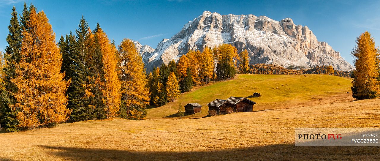 Prati dell'Armentara alpine meadows with barns in autumn, Sasso della Croce mountain group in background, South Tyrol, Dolomites, Italy
 