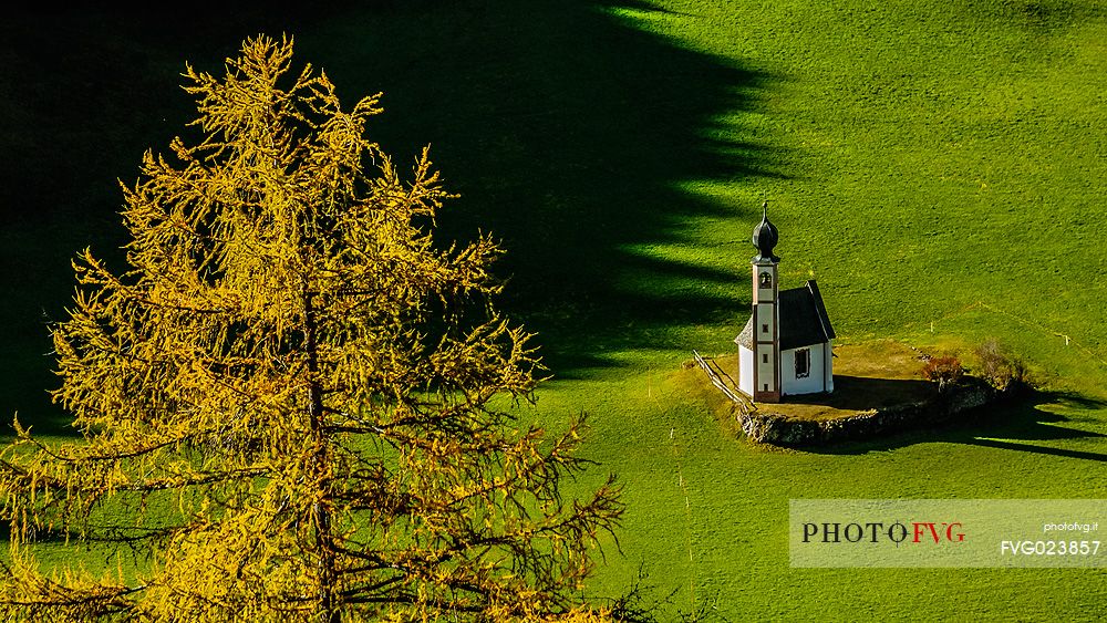 Santa Maddalena fourteenth century church, Val di Funes, dolomites, Italy