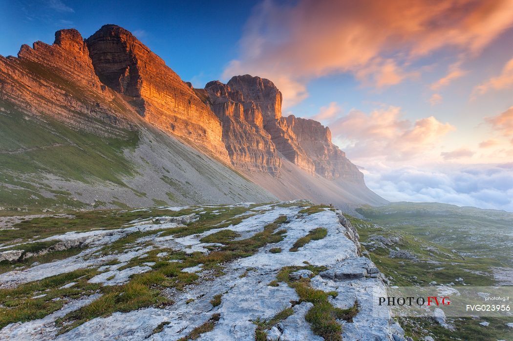 Sunrise to dolomites of Brenta from Grost pass, Trentino, Italy