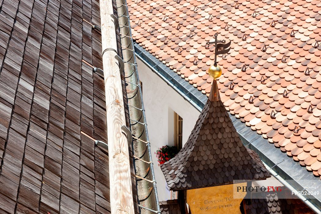 Detail of roof of San Romedio Sanctuary, Val di Non, Trentino, Italy