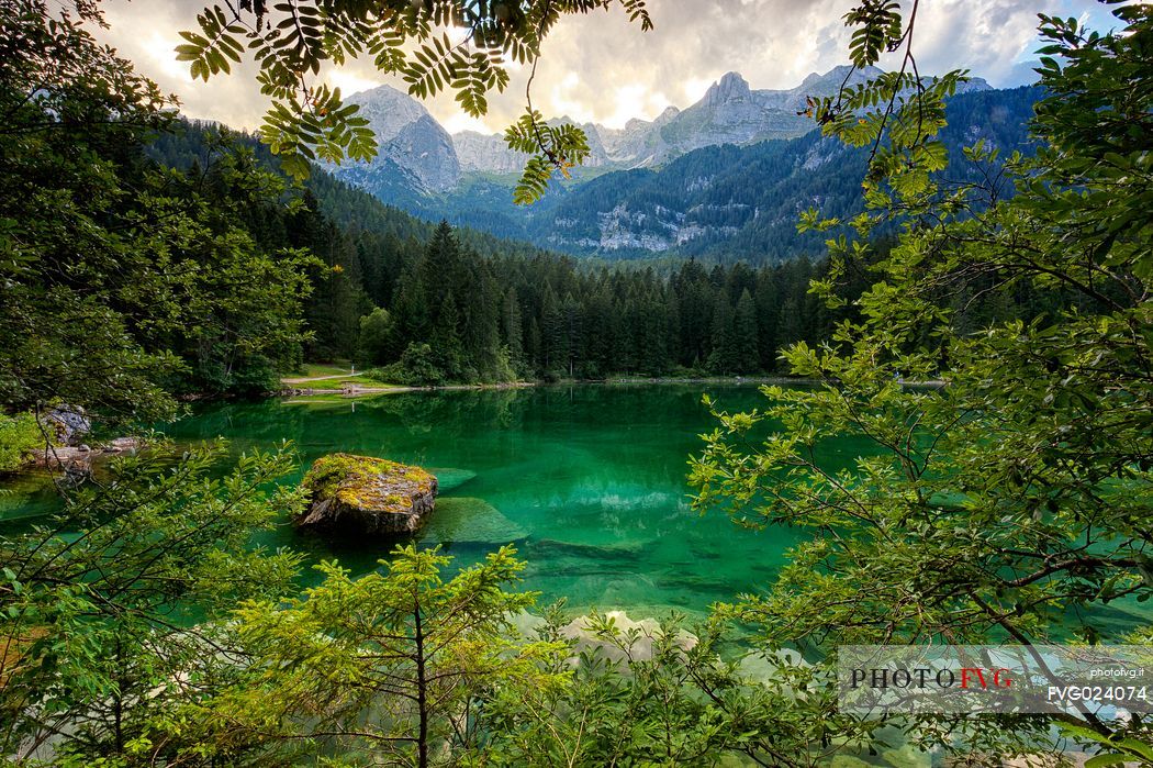Tovel lake and the Brenta's dolomites, Val di Non, Trentino, Italy