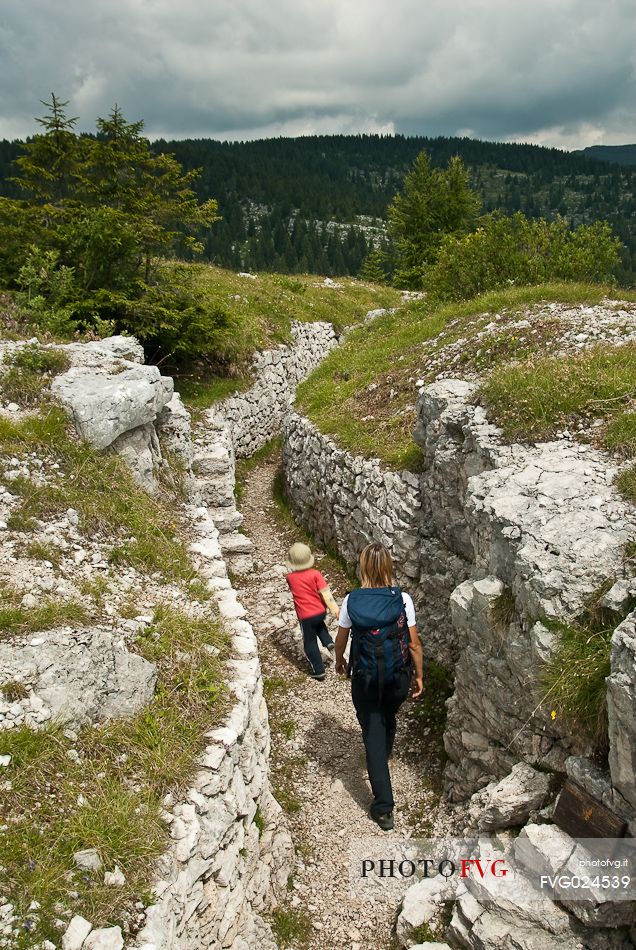 Walking among the trenches of the open-air museum of the Great War, Monte Zebio mountain, Asiago, Italy