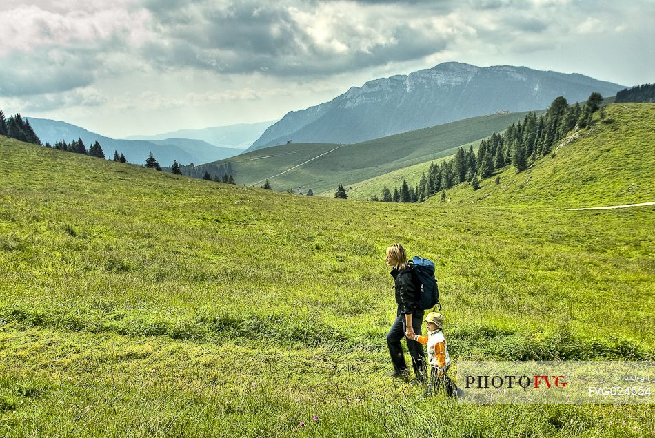 Walking in the meadows of Malga Porta Manazzo hut, Asiago, Italy