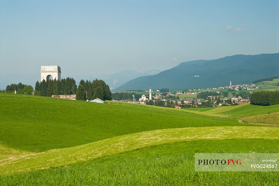 Asiago village and the Leiten monument, Asiago plateau, Veneto, Italy, Europe