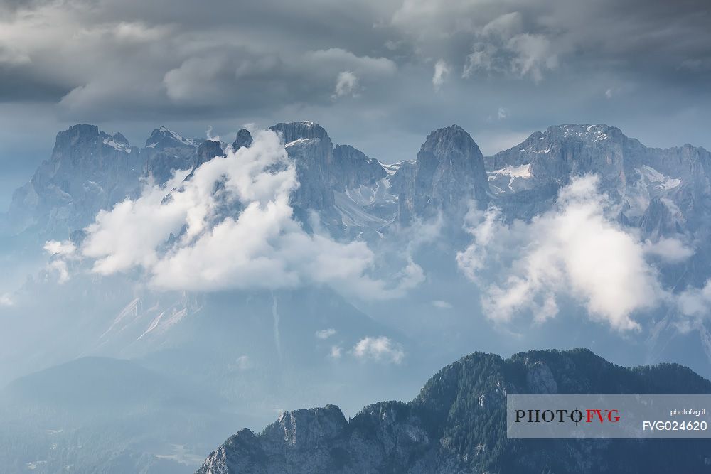 The dolomites of Pale di San Martino from the Dolomites Bellunesi national park, Belluno, Italy