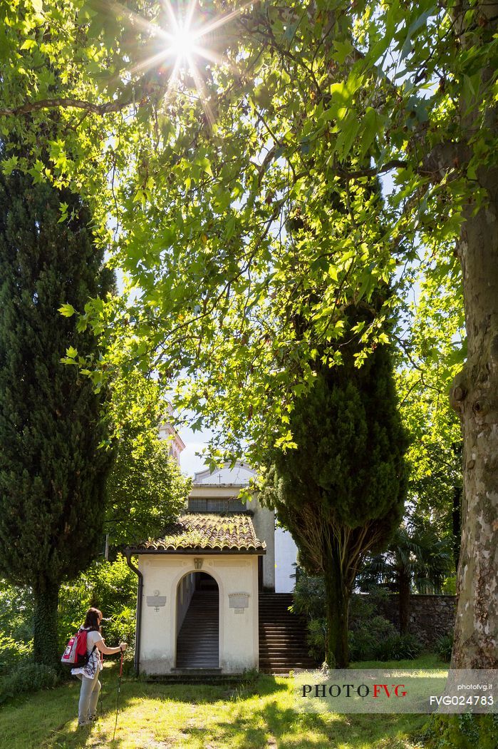 Tourist at sanctuary of the Madonna Addolorata di Merna,  Miren, Slovenia
