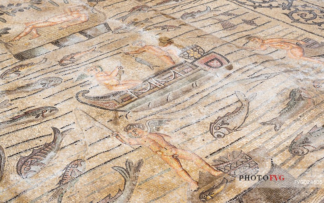 Detail of ancient floor Mosaic in the Basilica of Aquileia, Italy