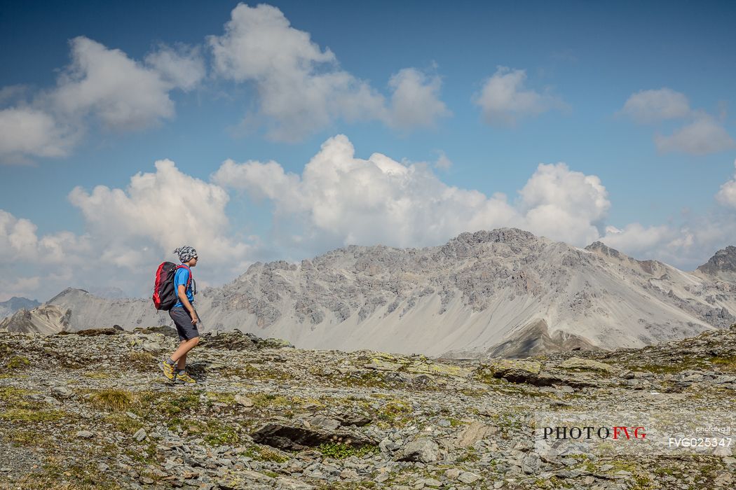 Young hiker near Passo dello Stelvio pass, Passo dello Stelvio national park, Italy