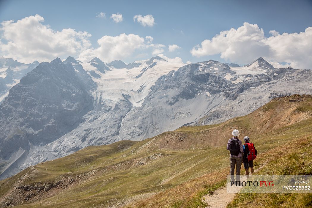 Hikers near Passo dello Stelvio pass and in the background the Stelvio glacier, Passo dello Stelvio national park, Italy