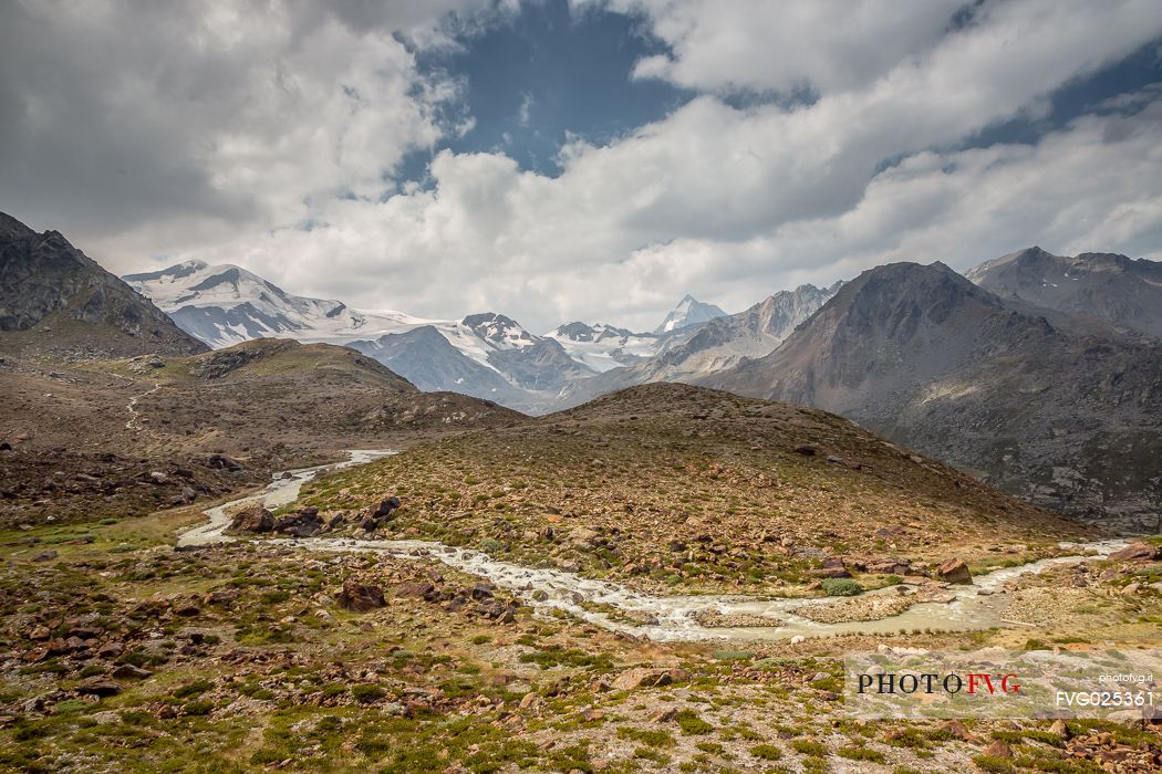 Along the glacier path of the Martello valley, in the background the Cevedale glacier and Gran Zebr peak, Stelvio national park, Italy