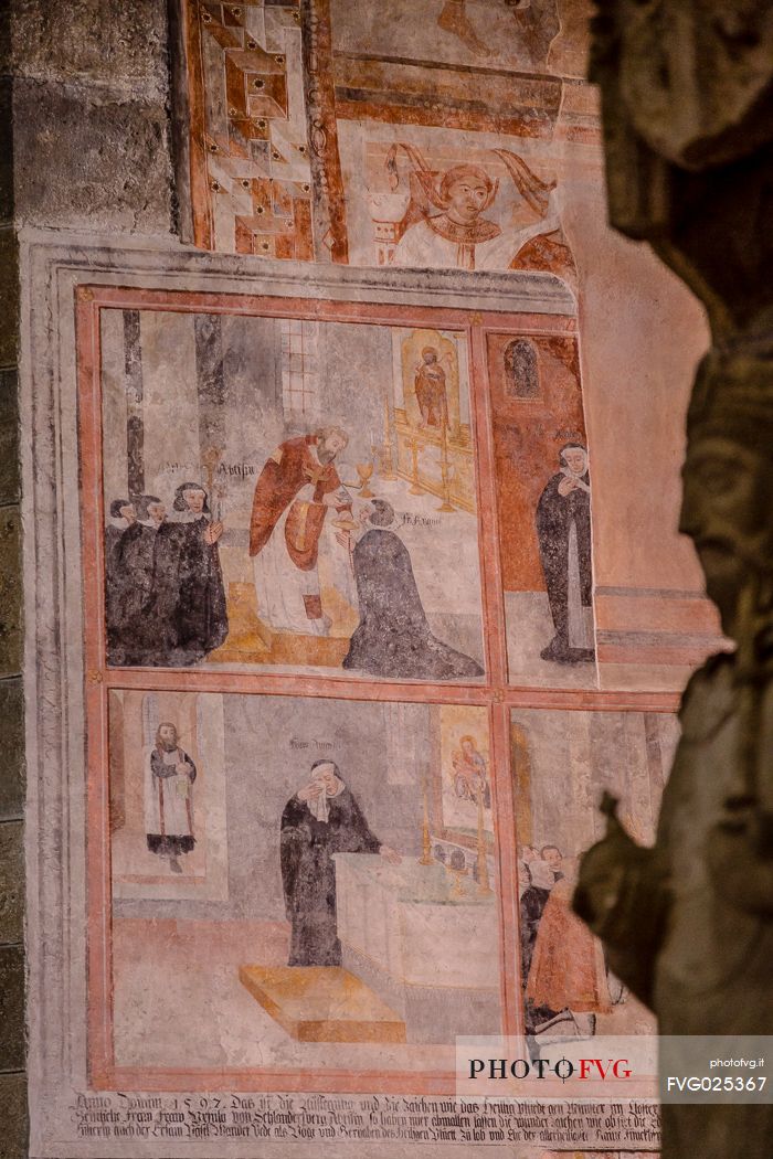 Ancient fresco in the Benedictine convent of Saint John (UNESCO world heritage site), in Monastery valley Mustair, Switzerland