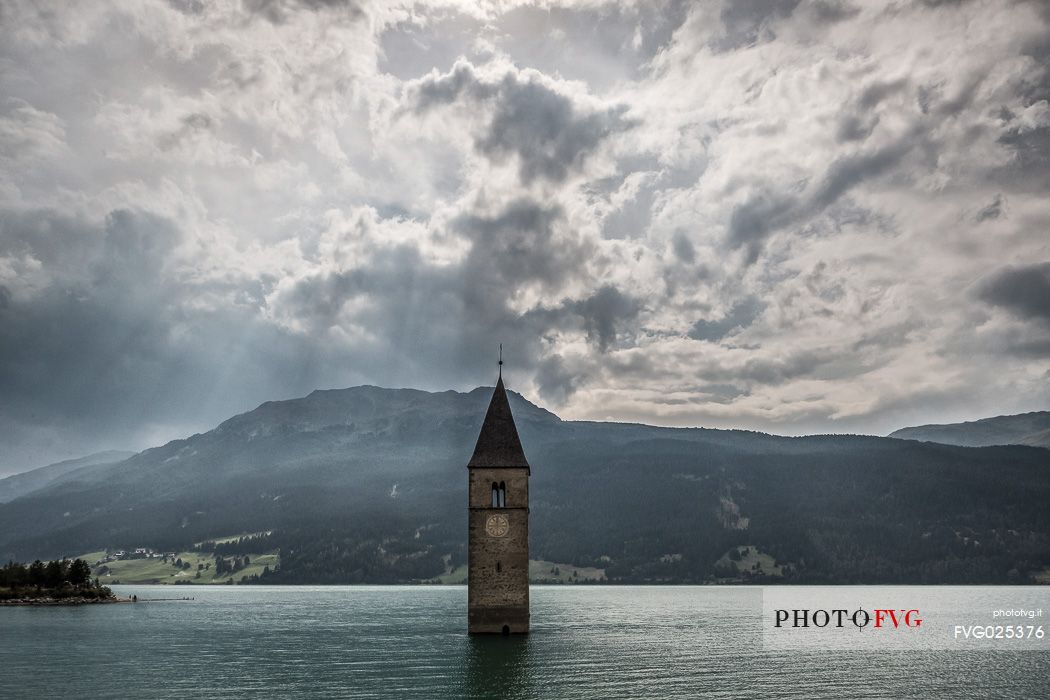 The bell tower in the Resia lake, South Tyrol, Italy