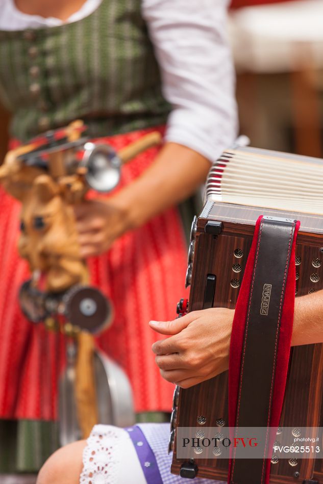 Traditional ladin clothing at Segra da Paur local festival, La Val, Val Badia, dolomites, italy