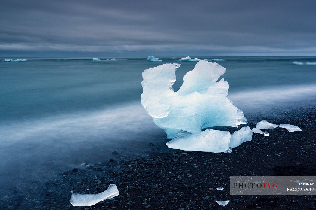 Blue iceberg on black volcanic beach, Jokulsarlon lagoon, Iceland