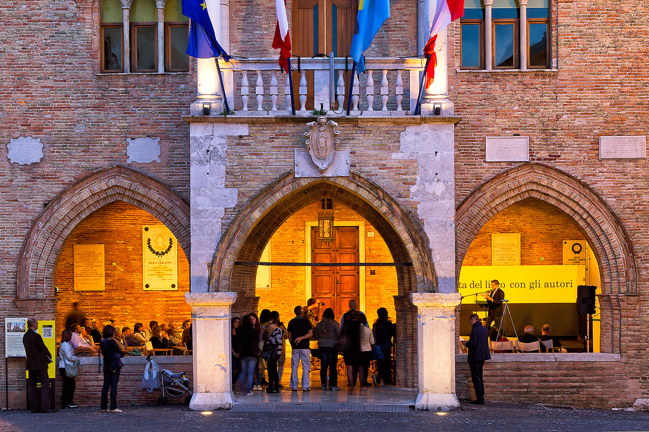 The event Pordenone Legge in the town hall of Pordenone at twilight, Friuli Venezia Giulia, Italy