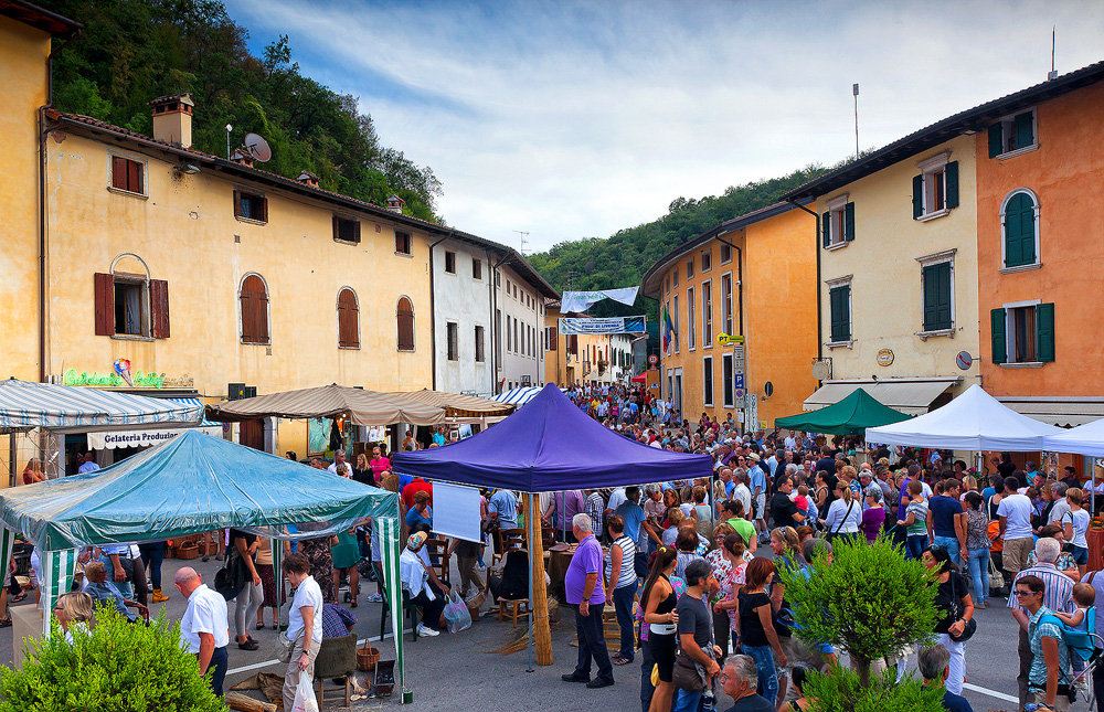 People at the ancient Sagra dei Sst o Thest feast in Polcenigo, Friuli Venezia Giulia, Italy