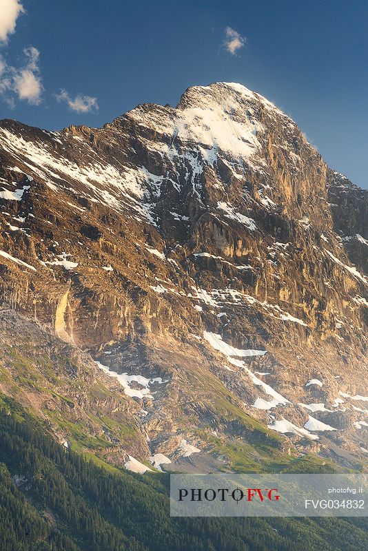 Sunset on Jungfrau mountain group and Eiger mount from Grindelwald village, Berner Oberland, Switzerland, Europe