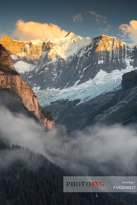 Sunset on Fiescherhorn mountain from Grindelwald village, Berner Oberland, Switzerland, Europe