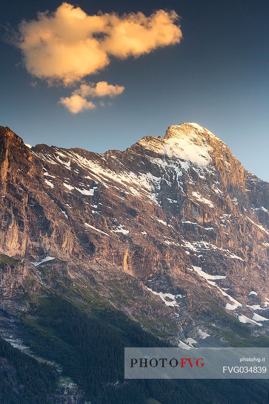 Sunset on Jungfrau mountain group and Eiger mount from Grindelwald village, Berner Oberland, Switzerland, Europe