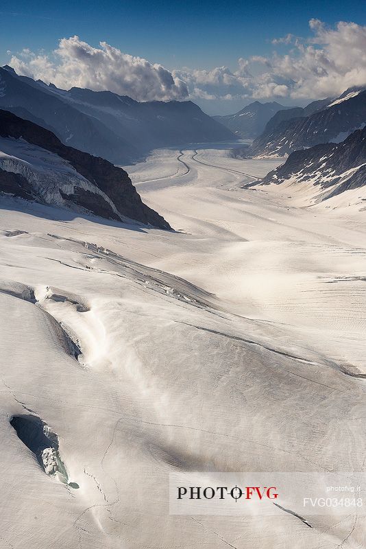 Aletsch glacier, the largest in Europe, from Jungfraujoch, the highest railway station in the Alps, Bernese Oberland, Switzerland, Europe