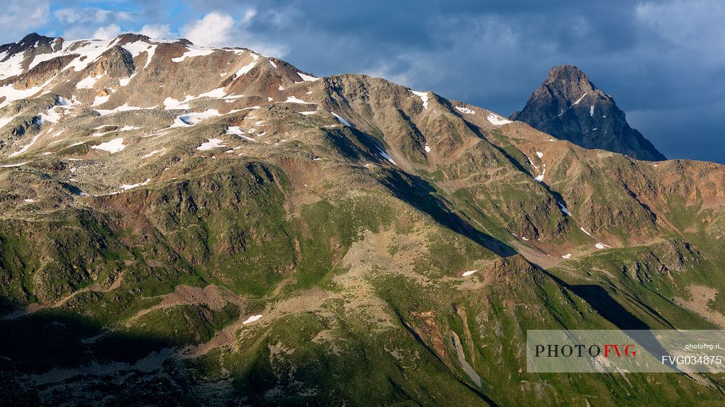 View from Bernina Pass towards Swiss National Park, Pontresina, Engadin, Canton of Grisons, Switzerland, Europe
 