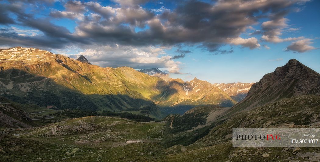 View from Bernina Pass towards Italian Alps and Swiss National Park, Pontresina, Engadin, Canton of Grisons, Switzerland
 