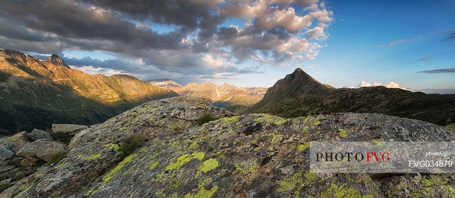 View from Bernina Pass towards Italian Alps and Swiss National Park, Pontresina, Engadin, Canton of Grisons, Switzerland
 