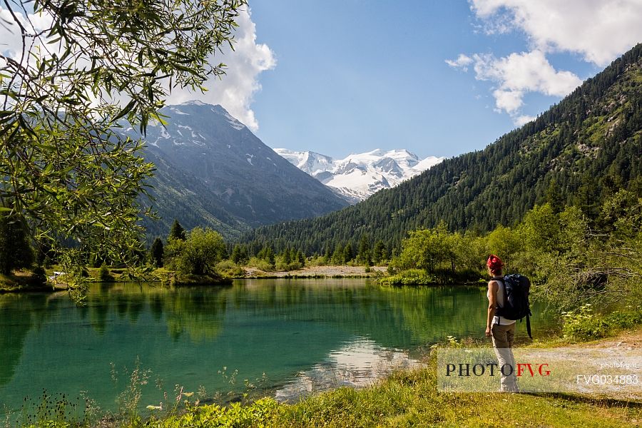 Hiking in Val Morteratsch valley towards Piz Bernina and Piz Argient mountain, Pontresina, Engadine, Canton of Grisons, Switzerland, Europe