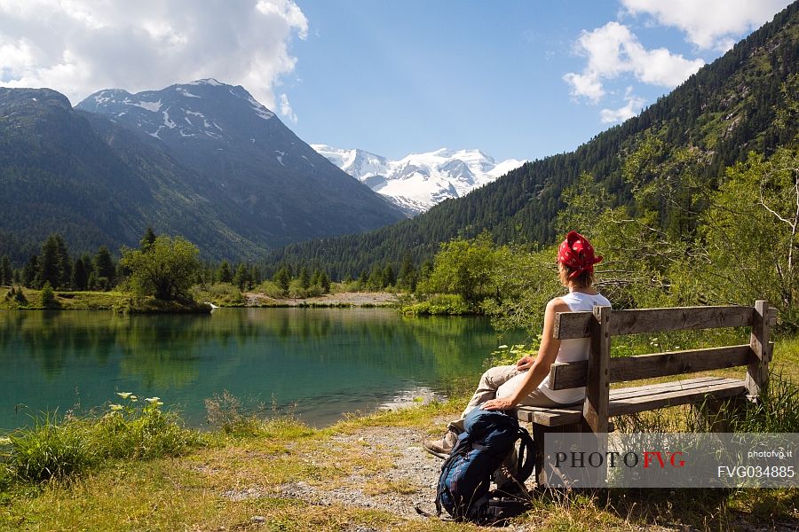 Hiker in the Val Morteratsch valley admiring the glacier and the Bernina mountain range, Pontresina, Engadine, Canton of Grisons, Switzerland, Europe