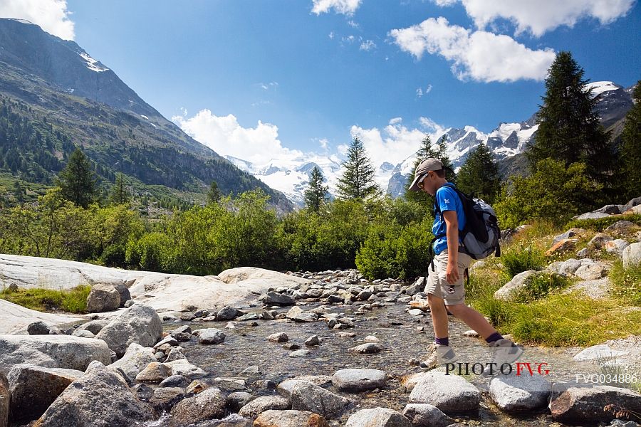 Hiking in Val Morteratsch valley, in the backgrond the glacier and the Bernina mountain range, Pontresina, Engadine, Canton of Grisons, Switzerland, Europe