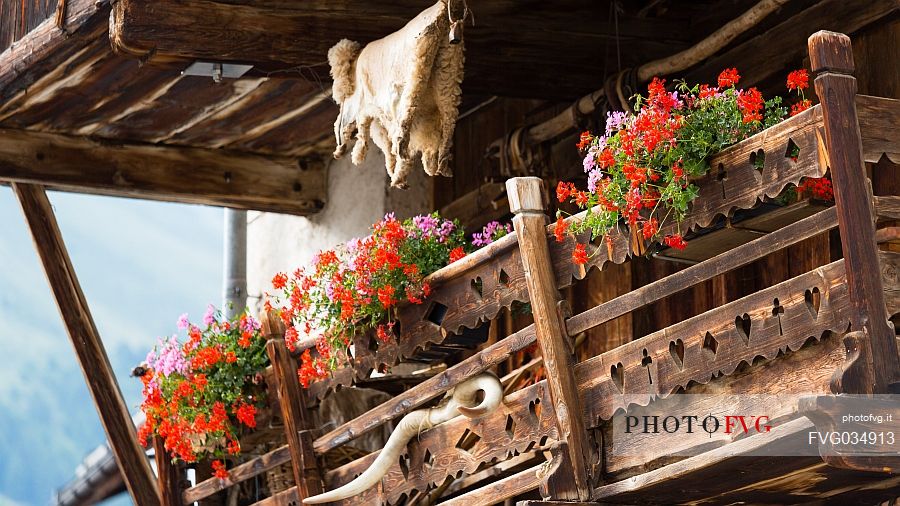 Detail of typical wooden house in Engadin, Canton of Grisons, Switzerland, Europe