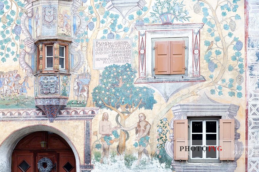 Detail of Chasa Clalguna, historic house with frescos representing Adam and Eve in Ardez village, a little village with painted 17th Century houses, Low Engadin, Canton of Grisons, Switzerland, Europe