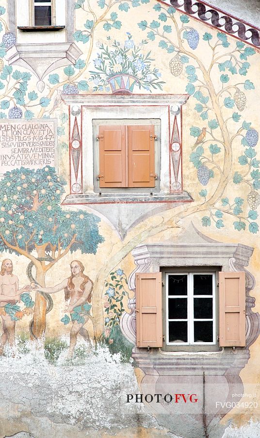 Detail of Chasa Clalguna, historic house with frescos representing Adam and Eve in Ardez village, a little village with painted 17th Century houses, Low Engadin, Canton of Grisons, Switzerland, Europe