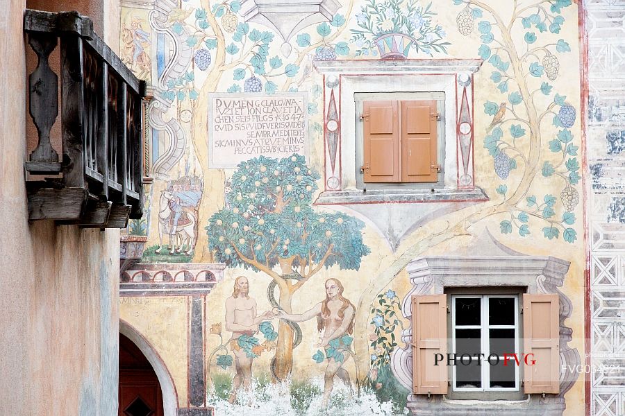 Detail of Chasa Clalguna, historic house with frescos representing Adam and Eve in Ardez village, a little village with painted 17th Century houses, Low Engadin, Canton of Grisons, Switzerland, Europe