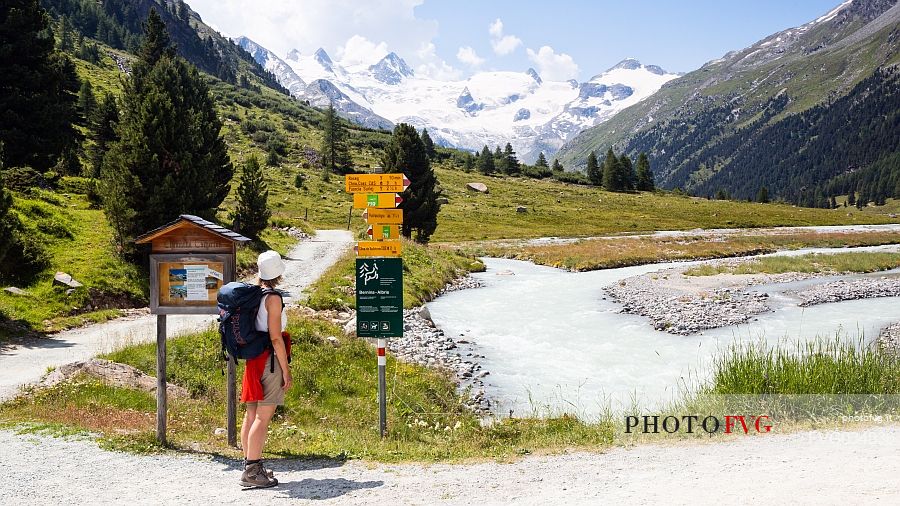 Hiker in Roseg valley, in the background the glacier and the Piz Roseg in the Bernina mountain group, Pontresina, Engadine, Canton of Grisons, Switzerland, Europe