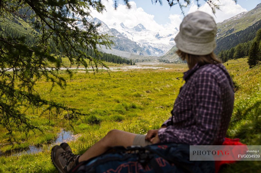 Relax in Roseg valley, in the background the glacier and the Piz Roseg in the Bernina mountain group, Pontresina, Engadine, Canton of Grisons, Switzerland, Europe