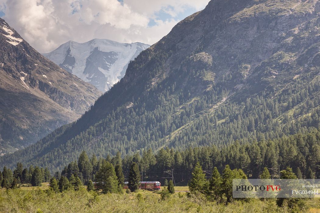 Bernina Express train from Tirano to Saint Moritz, in the background Morteratsch glacier and Bernina mountain range, Pontresina, Engadin, Canton of Grisons, Switzerland, Europe