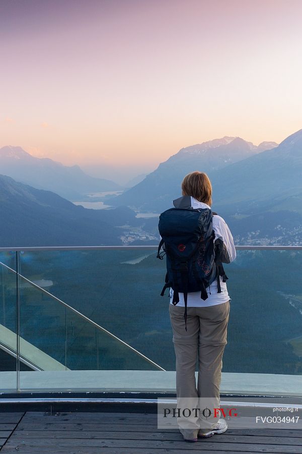 View from Muottas Muragl of St. Moritz with Upper Engadin Lakes, Samedan, Engadin, Canton of Grisons, Switzerland, Europa