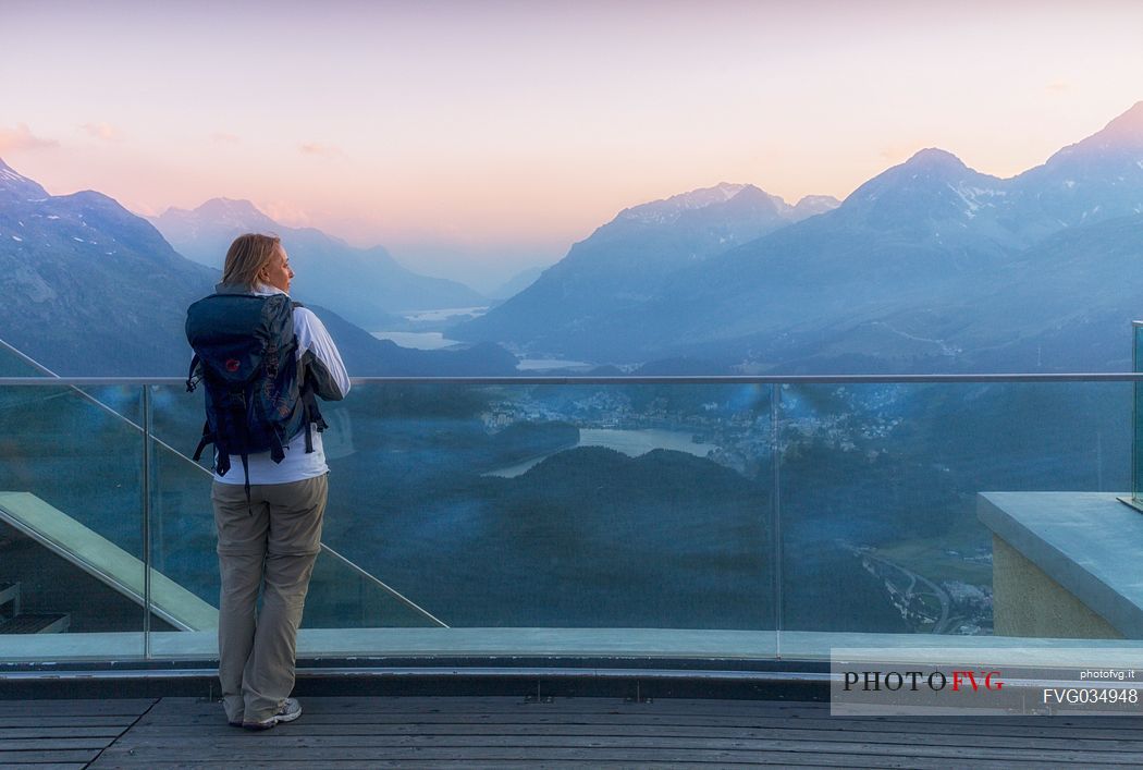 View from Muottas Muragl of St. Moritz with Upper Engadin Lakes, Samedan, Engadin, Canton of Grisons, Switzerland, Europa