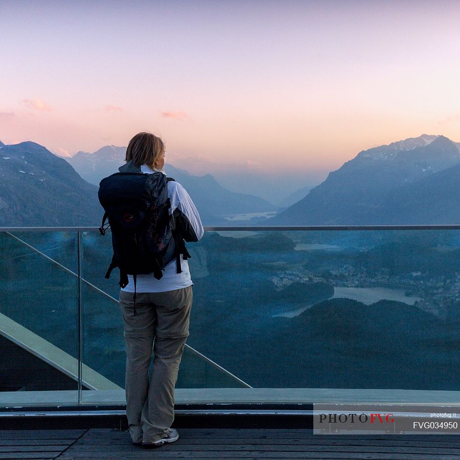 View from Muottas Muragl of St. Moritz with Upper Engadin Lakes, Samedan, Engadin, Canton of Grisons, Switzerland, Europa