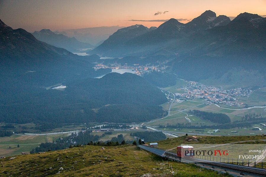 Muottas Muragl funicular with of St. Moritz village and Upper Engadin Lakes, Engadin, Canton of Grisons, Switzerland, Europa