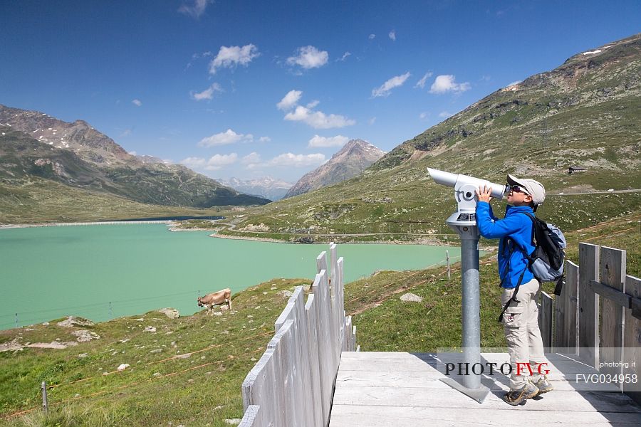 Child looking the Bernina mountain group with coin operated binoculars, Bernina Pass, in the background the Lago Bianco lake, Engadin, Canton of Grisons, Switzerland, Europe
 