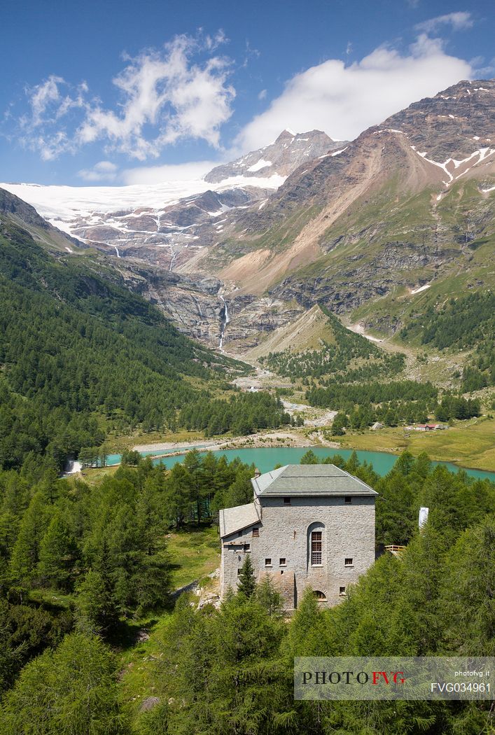 Alp Grum with Palu lake and the glacier, Poschiavo valley, Engadin, Canton of Grisons, Switzerland, Europe