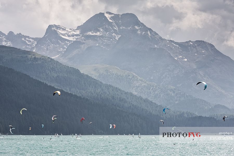 Windsurf and Kitesurfing in the Saint Moritz lake, Saint Moritz, Engadine, Canton of Grisons, Switzerland, Europe