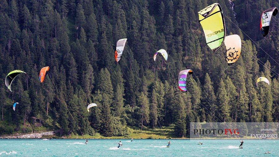 Windsurf and Kitesurfing in the Saint Moritz lake, Saint Moritz, Engadine, Canton of Grisons, Switzerland, Europe