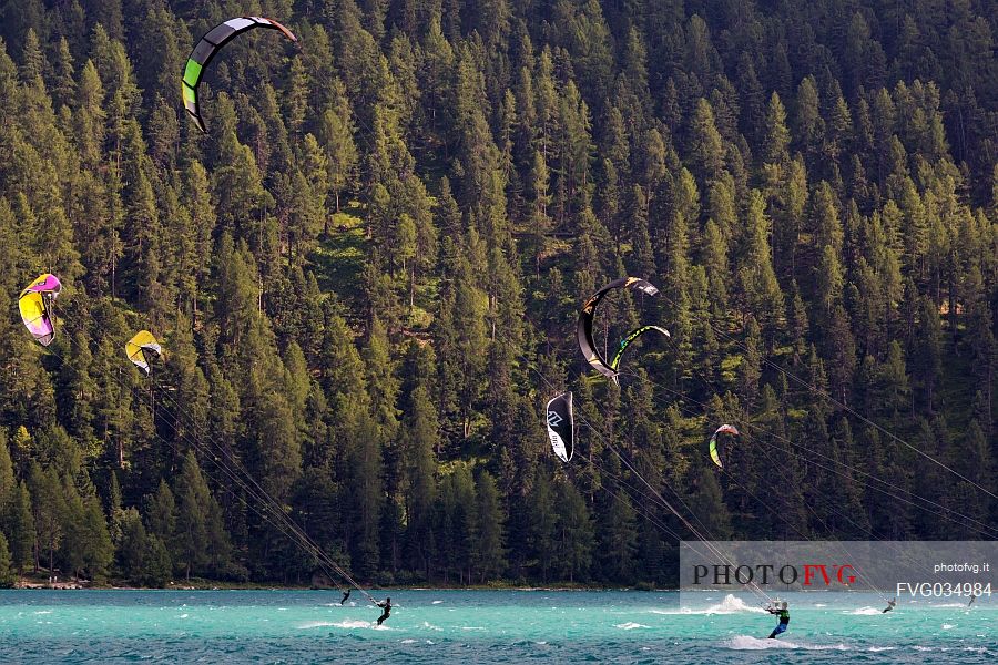 Windsurf and Kitesurfing in the Saint Moritz lake, Saint Moritz, Engadine, Canton of Grisons, Switzerland, Europe