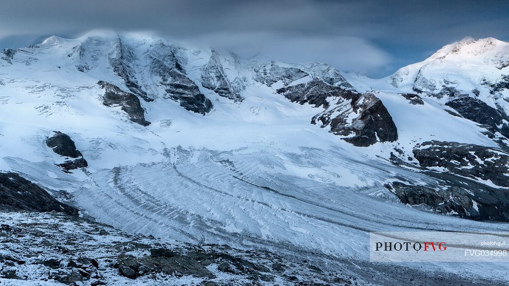 Piz Palu and Piz Bernina with glacier at twilight from of Diavolezza hut, Pontresina, Engadin, Canton of Grisons, Switzerland, Europe