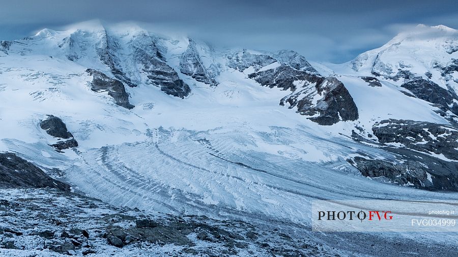 Piz Palu and Piz Bernina with glacier at twilight from of Diavolezza hut, Pontresina, Engadin, Canton of Grisons, Switzerland, Europe